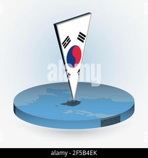 South Korea map in round isometric style with triangular 3D flag of South Korea, vector map in blue color. Stock Vector