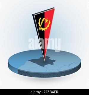 Angola map in round isometric style with triangular 3D flag of Angola, vector map in blue color. Stock Vector