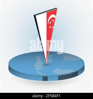 Singapore map in round isometric style with triangular 3D flag of Singapore, vector map in blue color. Stock Vector