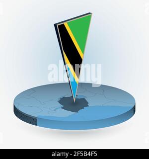 Tanzania map in round isometric style with triangular 3D flag of Tanzania, vector map in blue color. Stock Vector