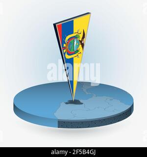 Ecuador map in round isometric style with triangular 3D flag of Ecuador, vector map in blue color. Stock Vector
