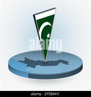 Pakistan map in round isometric style with triangular 3D flag of Pakistan, vector map in blue color. Stock Vector