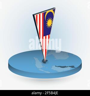 Malaysia map in round isometric style with triangular 3D flag of Malaysia, vector map in blue color. Stock Vector
