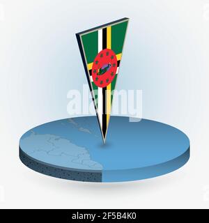 Dominica map in round isometric style with triangular 3D flag of Dominica, vector map in blue color. Stock Vector