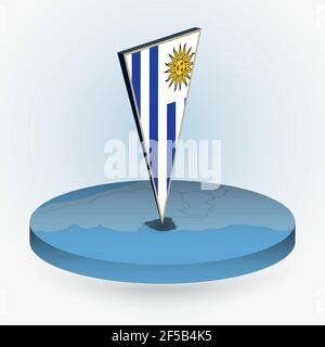 Uruguay map in round isometric style with triangular 3D flag of Uruguay, vector map in blue color. Stock Vector