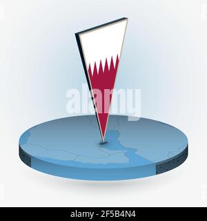 Qatar map in round isometric style with triangular 3D flag of Qatar, vector map in blue color. Stock Vector