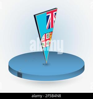 Fiji map in round isometric style with triangular 3D flag of Fiji, vector map in blue color. Stock Vector