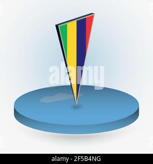Mauritius map in round isometric style with triangular 3D flag of Mauritius, vector map in blue color. Stock Vector