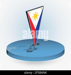Philippines map in round isometric style with triangular 3D flag of Philippines, vector map in blue color. Stock Vector