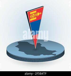 Mongolia map in round isometric style with triangular 3D flag of Mongolia, vector map in blue color. Stock Vector
