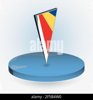 Seychelles map in round isometric style with triangular 3D flag of Seychelles, vector map in blue color. Stock Vector