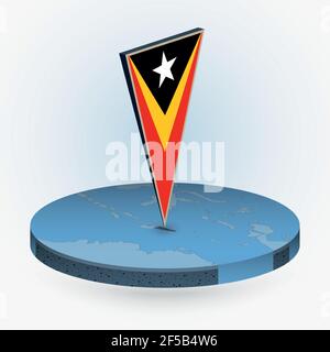 East Timor map in round isometric style with triangular 3D flag of East Timor, vector map in blue color. Stock Vector