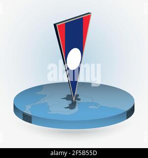 Laos map in round isometric style with triangular 3D flag of Laos, vector map in blue color. Stock Vector