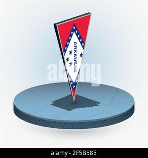 Arkansas map in round isometric style with triangular 3D flag of US State Arkansas, vector map in blue color. Stock Vector