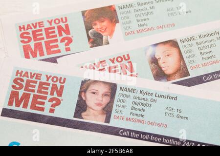 Have You Seen Me ad of missing persons. -  Missing children, missing child, missing person - USA Stock Photo