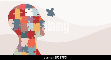 Banner. Autism syndrome concept. Jigsaw that forms human head in profile. Learning support and education. Neurological Disease. Mind and brain. Brain Stock Vector