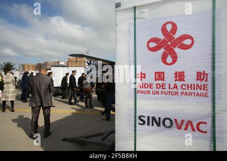 Tunis, Tunisia. 1st Jan, 2000. Container with the vaccines seen at Tunis Carthage International Airport during the ceremony.Tunis Carthage International Airport, under the supervision of the Minister of Health, Dr. Fawzi Mahdi, and the Chinese Ambassador to Tunisia, Mr. ZHANG Jianguo, and in the presence of the Emir of the Major General, Doctor General of Military Health, Mr. Mustafa Ferjani, a convoy received a new shipment of anti-Covid 19 vaccine containing 200 thousand doses of Sinovac vaccine provided by the People's Republic of China as a gift to the Republic of Tunisia, as part of th Stock Photo