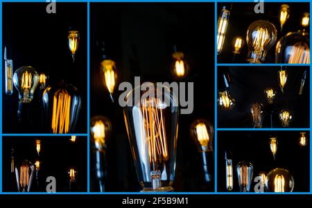 Many hanging decorative antique edison style lightbulbs in patchwork collage Stock Photo