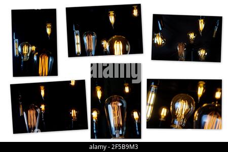 Many hanging decorative antique edison style lightbulbs in patchwork collage Stock Photo