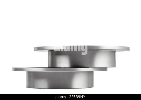 a pair of brake discs lies one on top of the other side view, spare parts isolated on white background. Stock Photo