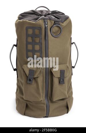 khaki travel backpack path isolated on white Stock Photo