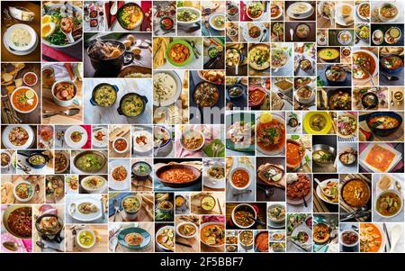 Huge collage of lots of popular soups and stews from around the world Stock Photo