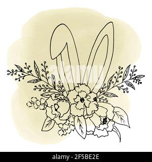 Sketch of an Easter bouquet of flowers and leaves with protruding ears of a bunny. Vector illustration in the style of line-art handdrawn isolate the Stock Vector