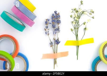Set of paper sticky tape on a white background. Colored self-adhesive tape for decoration. Decorative adhesive tape for hobby. Small bouquet of dry la Stock Photo