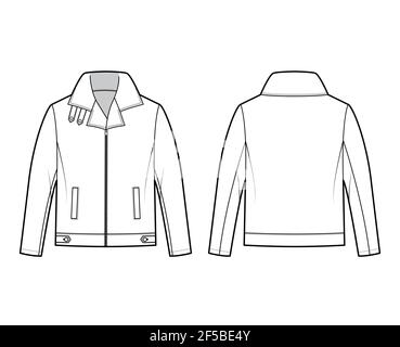 Zip-up Bomber leather jacket technical fashion illustration with tabs, oversized, thick collar, long sleeves, welt pockets. Flat coat template front back white color style. Women men unisex CAD mockup Stock Vector