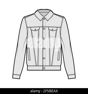 Sherpa lined denim jacket technical fashion illustration with oversized body, flap welt pockets, button closure, long sleeves. Flat apparel front, grey color style. Women, men unisex CAD mockup Stock Vector