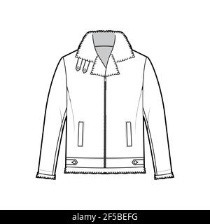 Zip-up Bomber leather jacket technical fashion illustration with fur shearing, oversized, thick collar, long sleeves, welt pockets. Flat coat template front white color style. Women men top CAD mockup Stock Vector