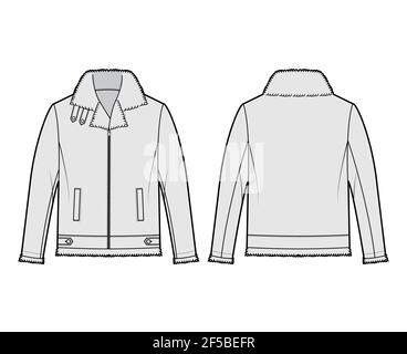 Zip-up Bomber leather jacket technical fashion illustration with fur shearing, thick collar, long sleeves, welt pockets. Flat coat template front, back white grey color style. Women men top CAD mockup Stock Vector