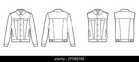 Set of Standard denim jacket, vest technical fashion illustration