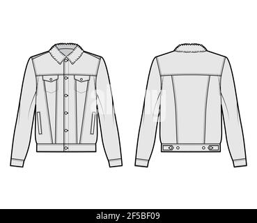 Sherpa lined denim jacket technical fashion illustration with oversized body, flap welt pockets, button closure, long sleeves. Flat apparel front, back, grey color style. Women, men unisex CAD mockup Stock Vector