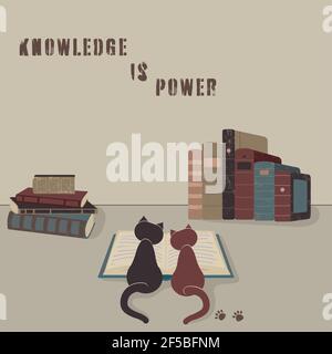 Concept:book or reading is source of knowledge.Two cats sit over open book and studying it. A lot of volumes surround kittens. For ad of library, book Stock Vector