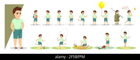 Little boy in various gesture expression poses. Male child shows different emotion set. Cute kid character plays and rejoices, sad and angry, stands and sits. Vector isolated eps illustration Stock Vector