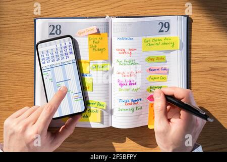 Writing Agenda Week Plan List Using Mobile Phone Stock Photo
