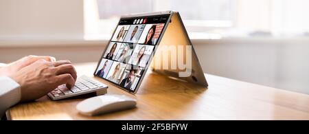Virtual Business Presentation Or Videoconferencing On Hybrid Screen Stock Photo