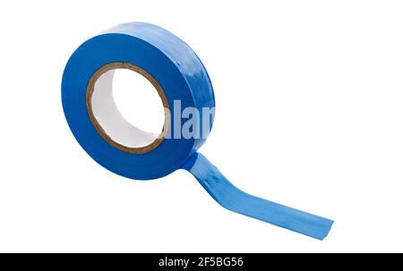 Insulating Tape isolated on white background. Roll of blue plastic duct tape. Stock Photo