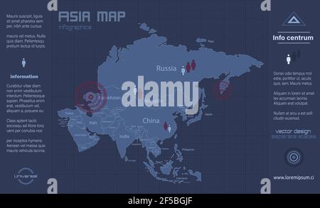 Asia map, individual states, infographics blue flat design vector Stock Vector