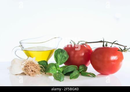 Pesto sauce ingredients on a white background, close up, isolated Stock Photo