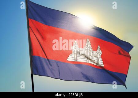 Cambodia flag waving on the wind in front of sun Stock Photo