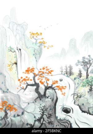 A distant artistic conception of Zen ink landscape painting Stock Photo