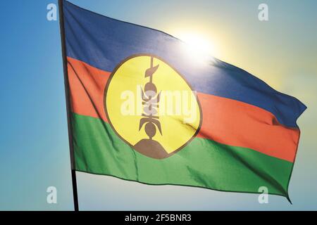 New Caledonia flag waving on the wind in front of sun Stock Photo