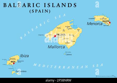 Balearic Islands, political map, with main islands Mallorca, Ibiza, Menorca and Formentera. Archipelago of islands in Spain in the Mediterranean Sea, Stock Photo