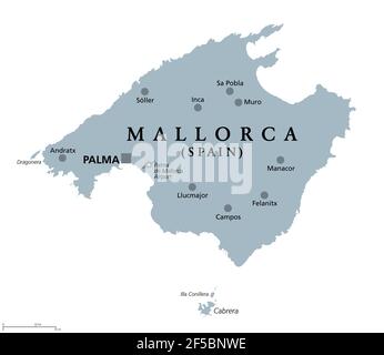 Mallorca, gray political map, with capital Palma and important towns. Majorca, largest Island of autonomous community of the Balearic Islands, Spain. Stock Photo
