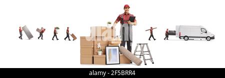 Movers from a removal company with a pile of packed cardboard boxes and a van isolated on white background Stock Photo