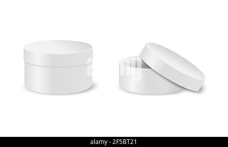 Round cardboard boxes mockup. Closed and open white cylinder packages isolated on white background. Containers for gift, cosmetics, cookies. Vector realistic illustration. Stock Vector