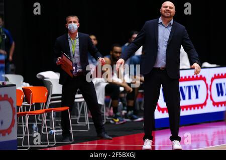 DEN BOSCH, NETHERLANDS - MARCH 25: coach Vedran Bosnic of Belfius Mons-Hainaut during the Fiba Europe Cup game between Belfius Mons-Hainaut and Arged Stock Photo