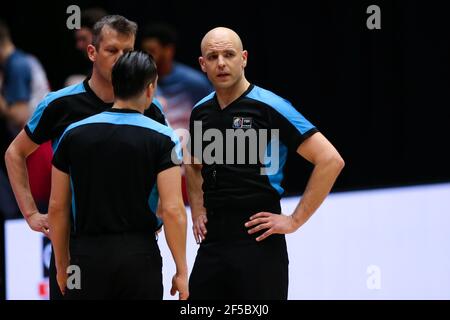 DEN BOSCH, NETHERLANDS - MARCH 25: referee Gintaras Maciulis Of Lithuania during the Fiba Europe Cup game between Belfius Mons-Hainaut and Arged BMSLA Stock Photo